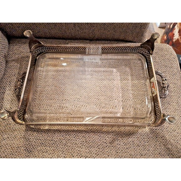 Vtg Anchor Hocking Fire King Glass Casserole Dish with Silver plated Tray 9x13in - Picture 2 of 12
